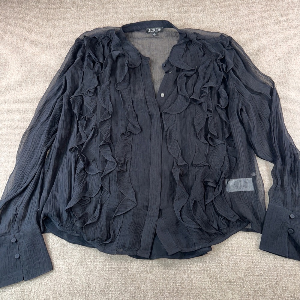 J.Crew Black Silk Chiffon Witchy Romantic Ruffle Front Blouse Long Sleeve Size14